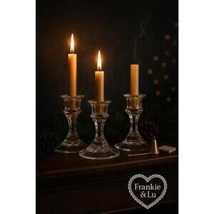 Set of 3 Vintage Glass Candlestick Holders Clear Taper Candle Decor